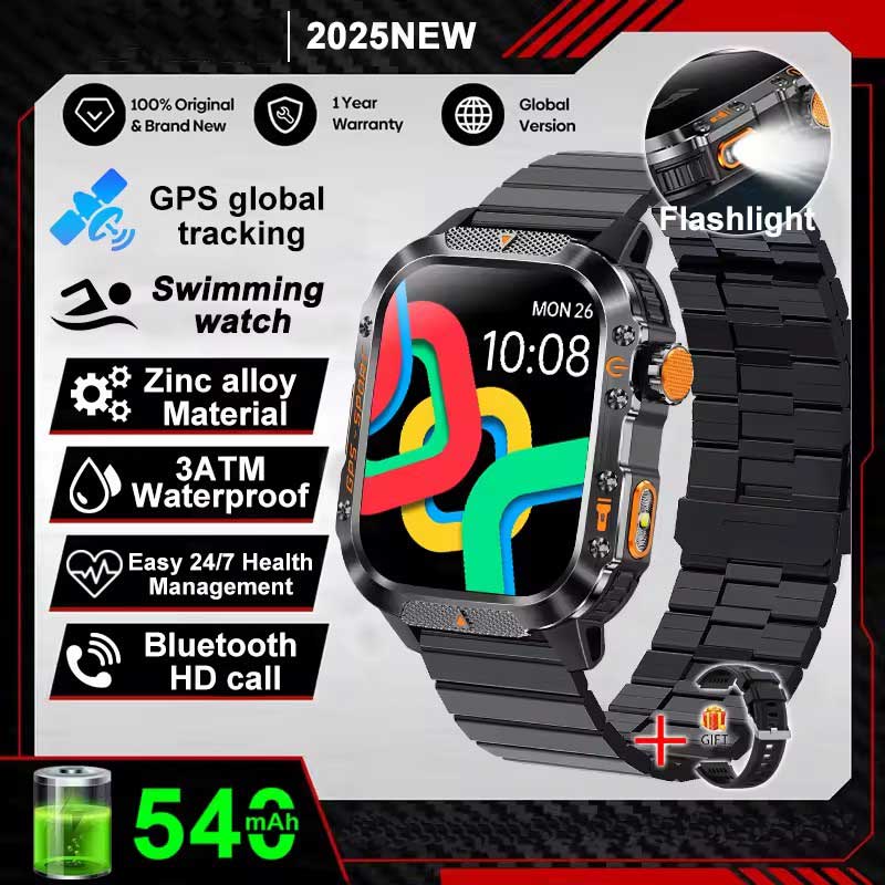 Vojenské chytré hodinky s vestavěným GPS, kompasem, výškoměrem, vodotěsností 3ATM IP69K, AMOLED displejem, Bluetooth voláním, 2,01" chytré hodinky pro Android a iOS
