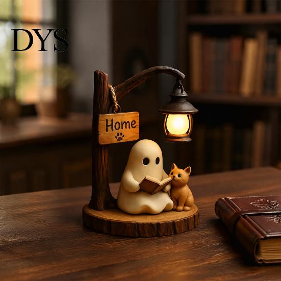 Statua Fantasma Gatto in Resina Halloween Statuetta da Lettura, Statua con Lampione Stradale Illuminato a LED, Decorazione da Scrivania per Festa di Compleanno Decorativa