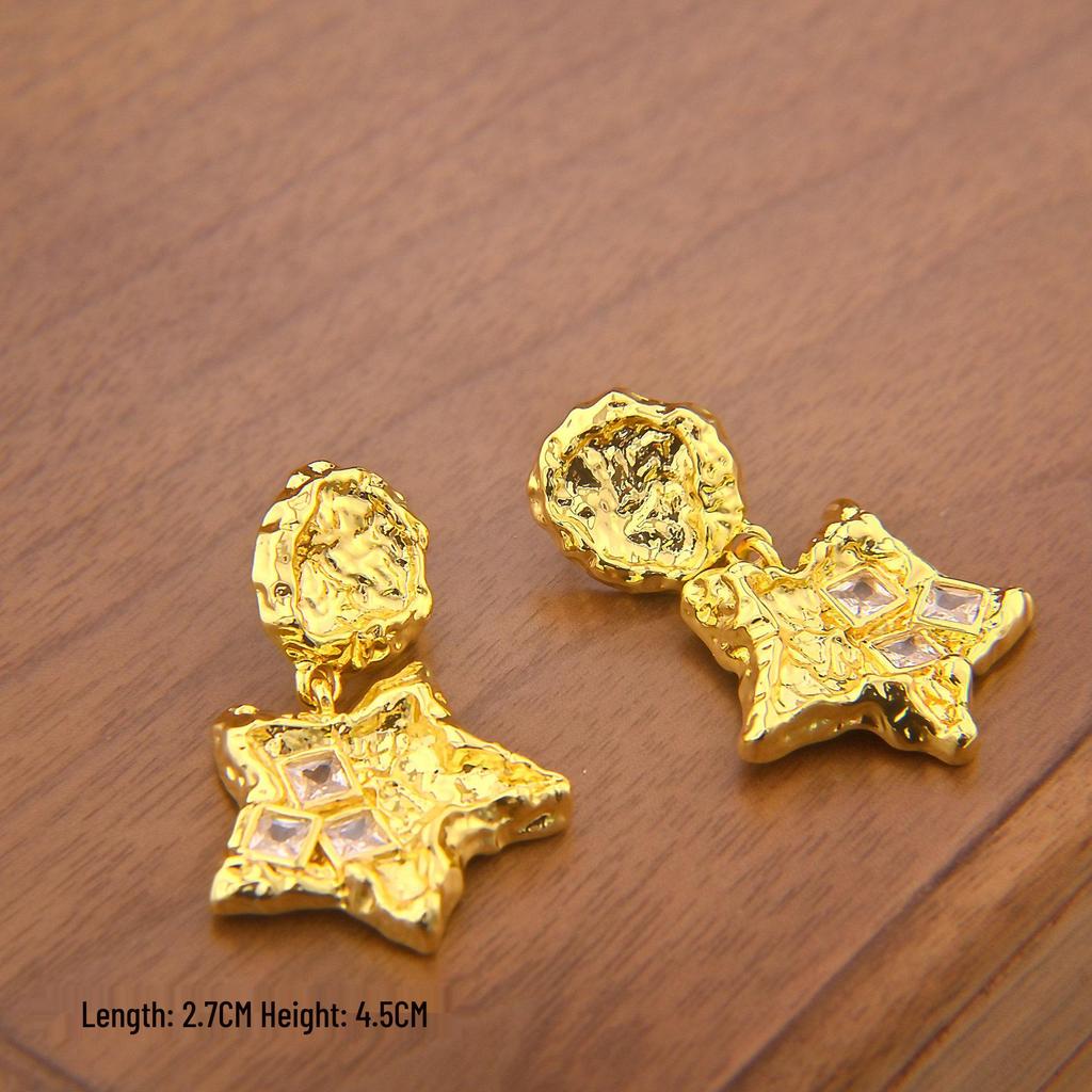 French Luxury Zircon Star Drop Earrings: Niche Design, Irregular Texture, Five-Pointed Star Studs