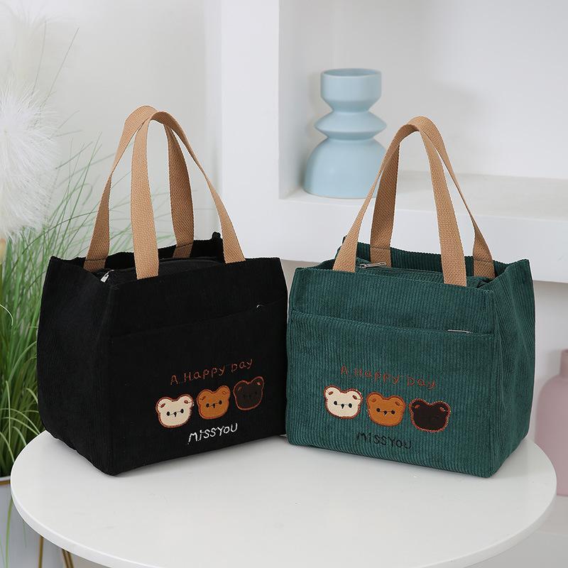 Corduroy Embroidered Bear Tote Bag, Stylish Cosmetic Storage Handbag, Suitable for Daily Work School Outdoor Travel Deliver Food