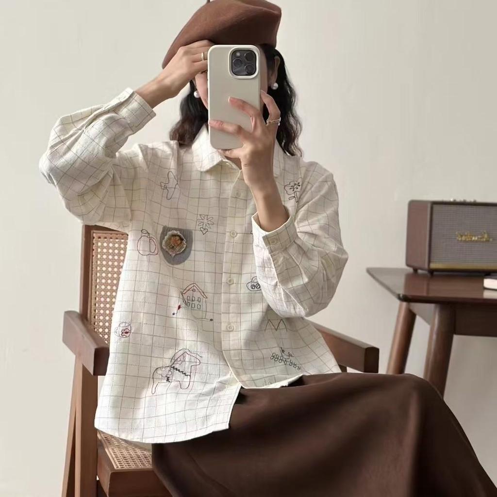 Japanese Mori Girl Style Loose Embroidered Plaid Long Sleeve Shirt for Women 2025