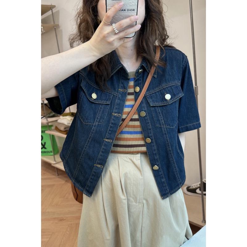 Women s Retro Blue Short-Sleeve Denim Jacket, Korean Loose Fit, Petite & Versatile. Medium