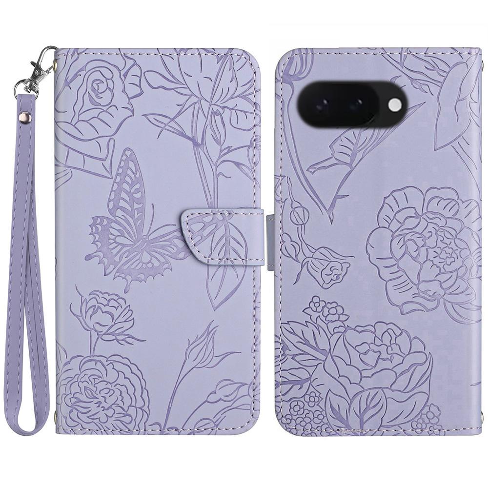 

HT03 For Google Pixel 9a Case Butterfly Flower Imprint Leather Phone Cover with Strap E