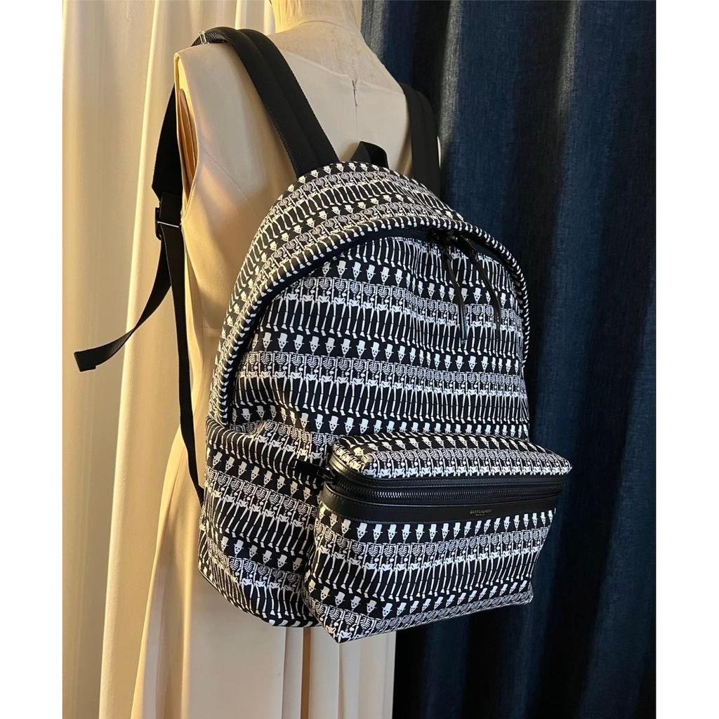 Used Authentic SAINT LAURENT Skull Pattern Skull Rucksack Bag Canvas Black x White