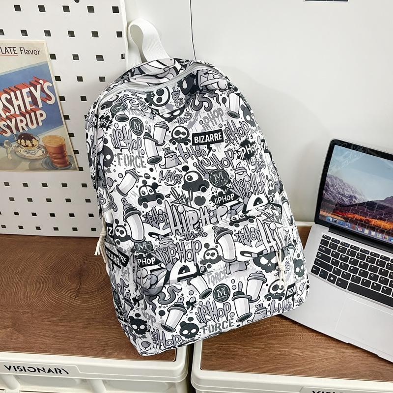 Schoolbag Backpack Men's 1 Trend Graffiti ins Large Capacity Fashion Printing Student Women's Backpack Waterproof and Wear-resistant White Ditch