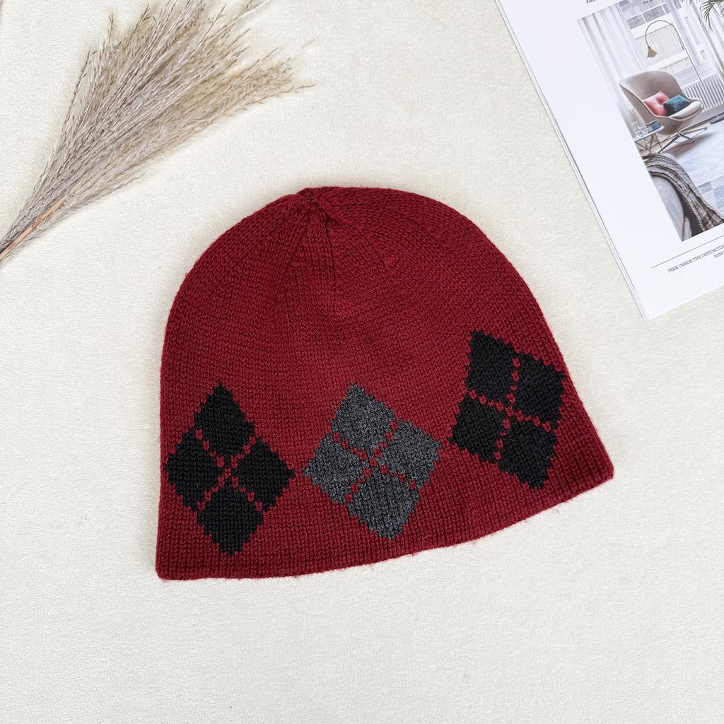 Winter warm and cold ear protection casual retro cold hat Korean ins rhombus color matching knitted bag head hat new