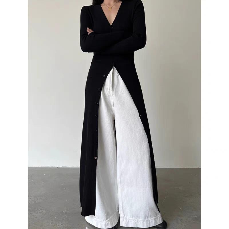 

Ленивый ветер черный длинный вязаный кардиган женский осенний новый высококлассный платье с разрезом S чёрный