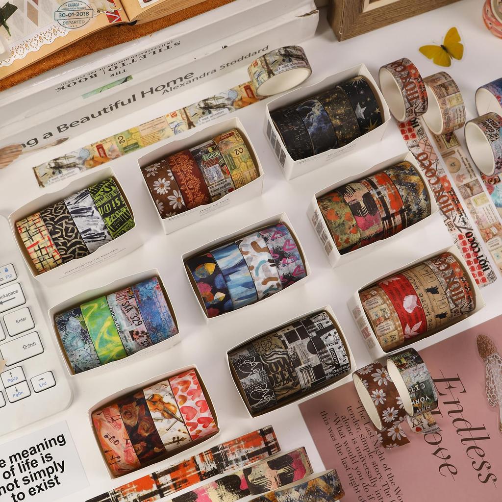 YUBBAEX Masking Washi Tape with Artistic Botanical Retro Style for and Scrapbooks Tape, 12-Roll Set, Patterns, Planners, Decorations, Wrapping,
