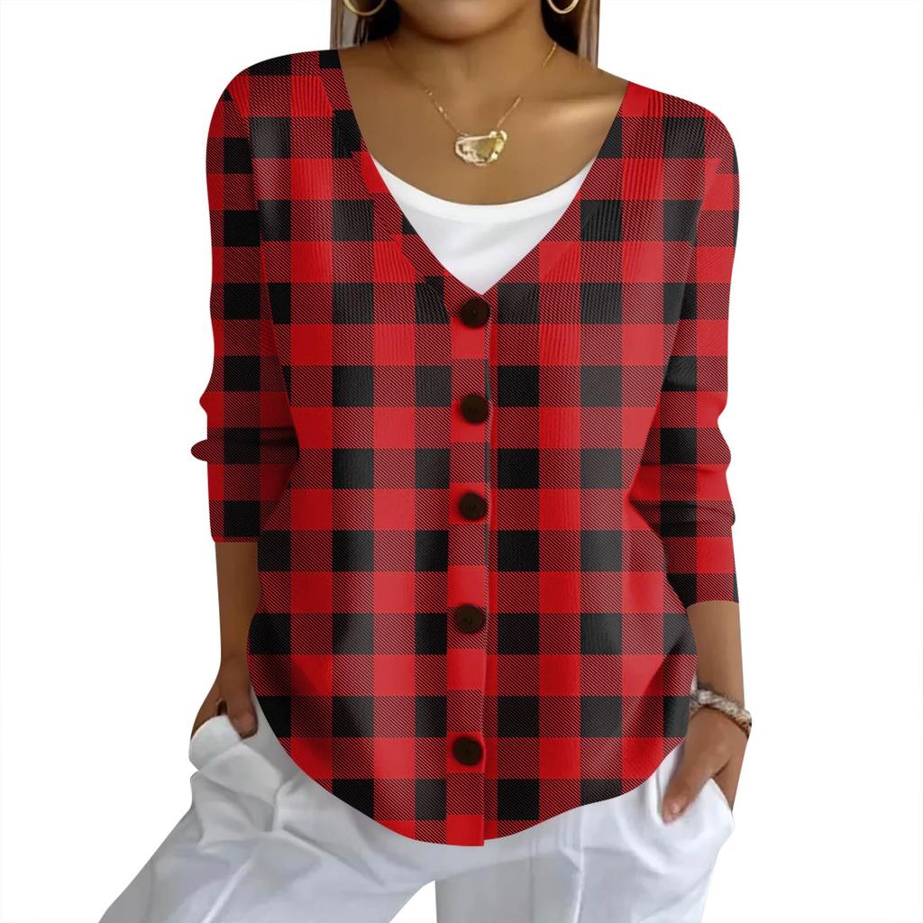 Women's Fashion Casual Knit Sweater Button-Up Plaid Patchwork Print Cardigan Jacket