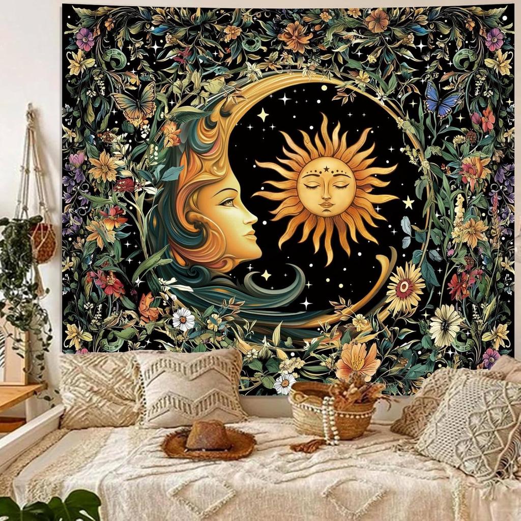 Boho Sun and Moon Tapestry Aesthetic for Bedroom, Bohemian Vintage Mandala Mystic Floral Tapestry Wall Hanging Art Decor