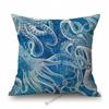 Ocean Blue Sea Life Marine Acquatics Jelly Fish Seashell Starfish Pattern Stylish Nordic Pillow Case Cotton Linen Cushion Cover