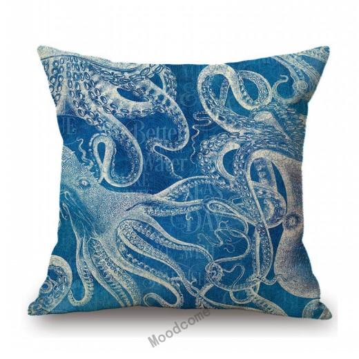 Ocean Blue Sea Life Marine Acquatics Jelly Fish Seashell Starfish Pattern Stylish Nordic Pillow Case Cotton Linen Cushion Cover
