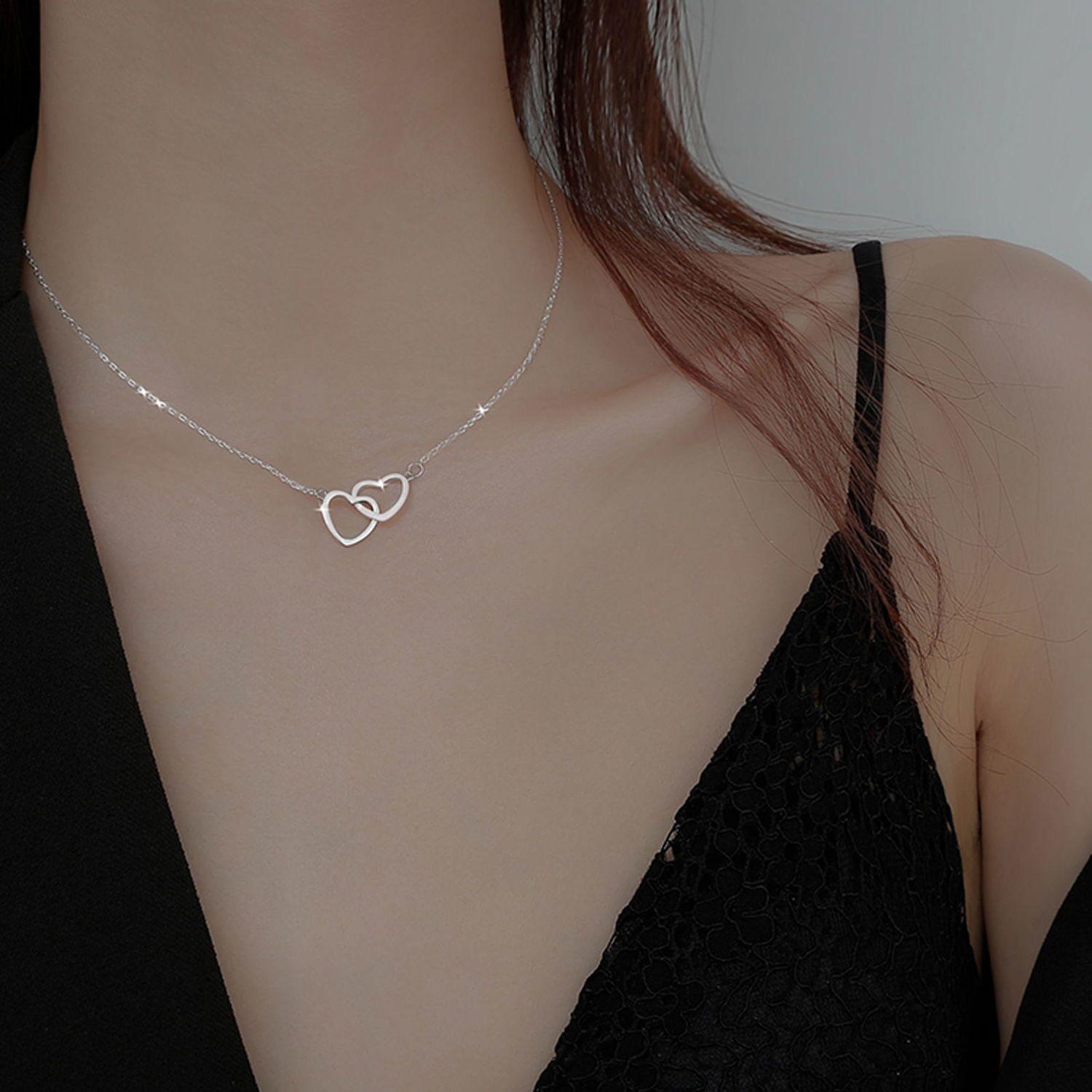 Double ring heart-shaped necklace female simple fashion temperament versatile exquisite love pendant collarbone chain simple high-end design