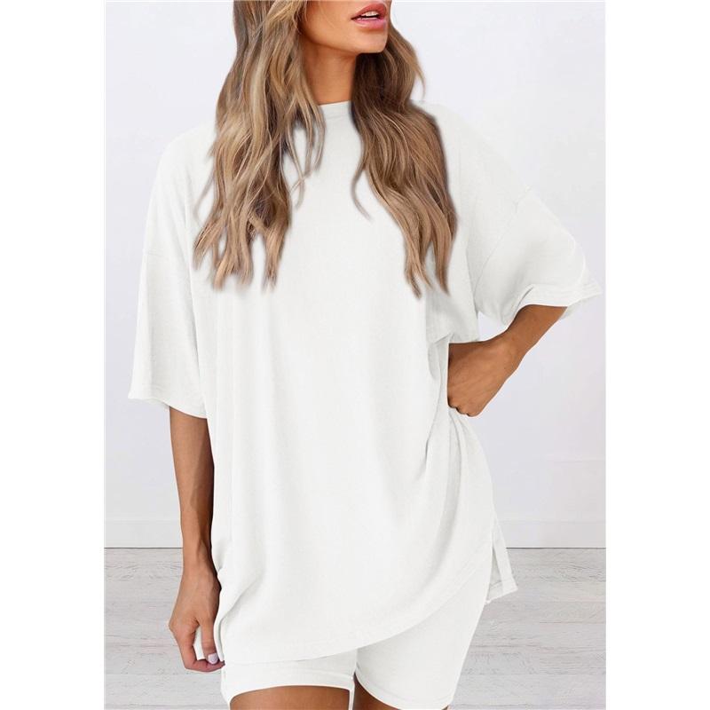 

New Women s 2 Piece Lounge Set Ribbed Knit Short Sleeve & High Waist Shorts Casual Outfit XXXL білий