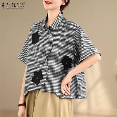 Women Turn Down Collar Loose Plaid Print Short Sleeve Blouse