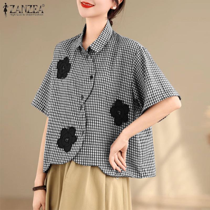 

ZANZEA Women Turn Down Collar Loose Plaid Print Short Sleeve Blouse S