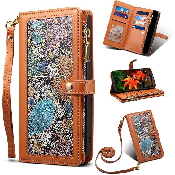 Crossbody Wallet Case for Apple iPhone 12/12 Pro Leather Phone Case with Card Holder Kickstand & Wrist Strap Cover Magnetic Closure Flip Handbag