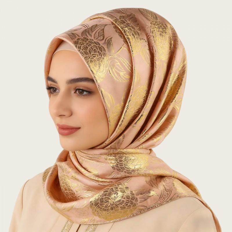 Silk Floral Jacquard Square Scarf Women Winter UV Protection Headwrap Lightweight Stylish Wrap