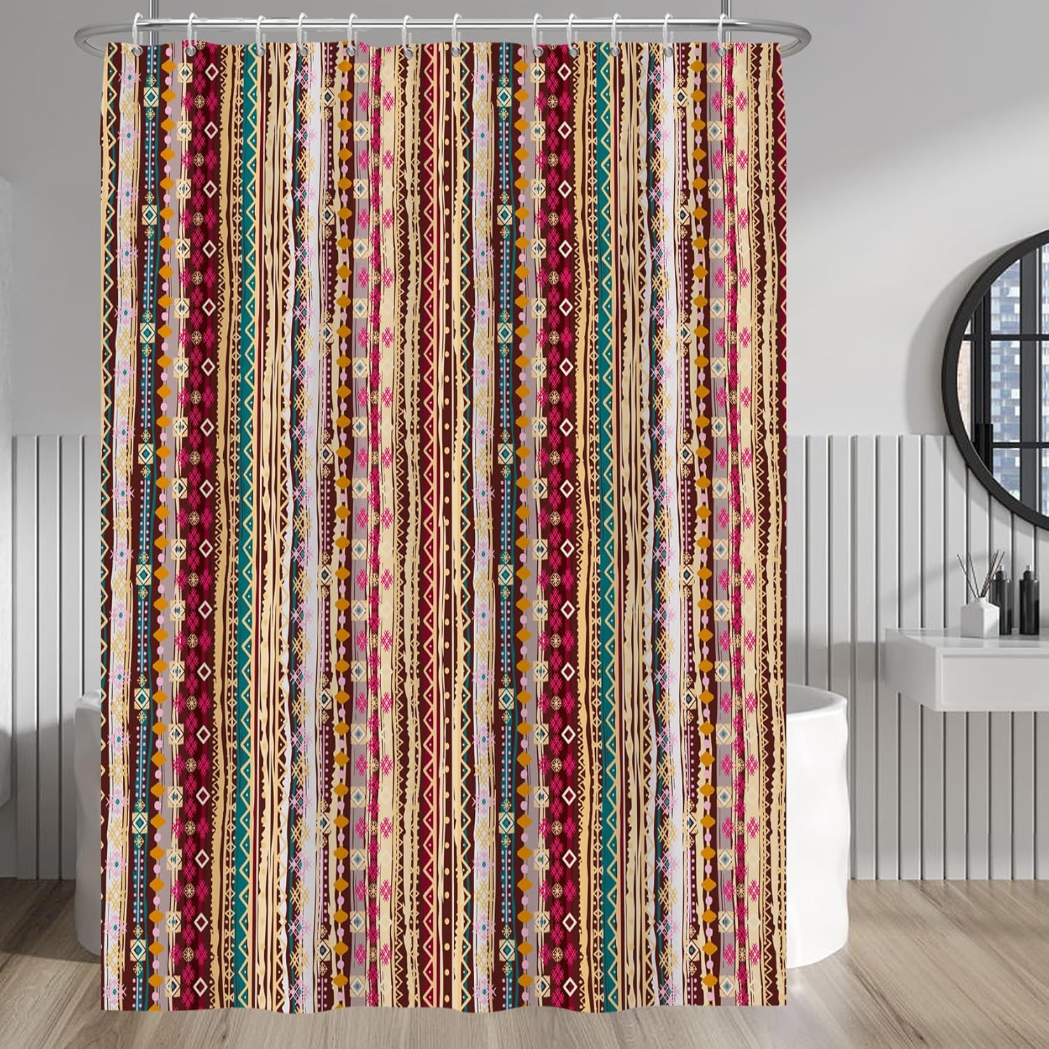 

Ethnic Stripe Shower Curtain Tribal Art Pattern Bathroom Accessory Multi Color Geometric Design Waterproof Curtains Boho Chic W60H190(CM)-1 Pcs
