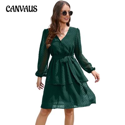 Vestido de mujer de primavera y otoño con cuello en V y manga larga, vestido de cóctel con cinturón
