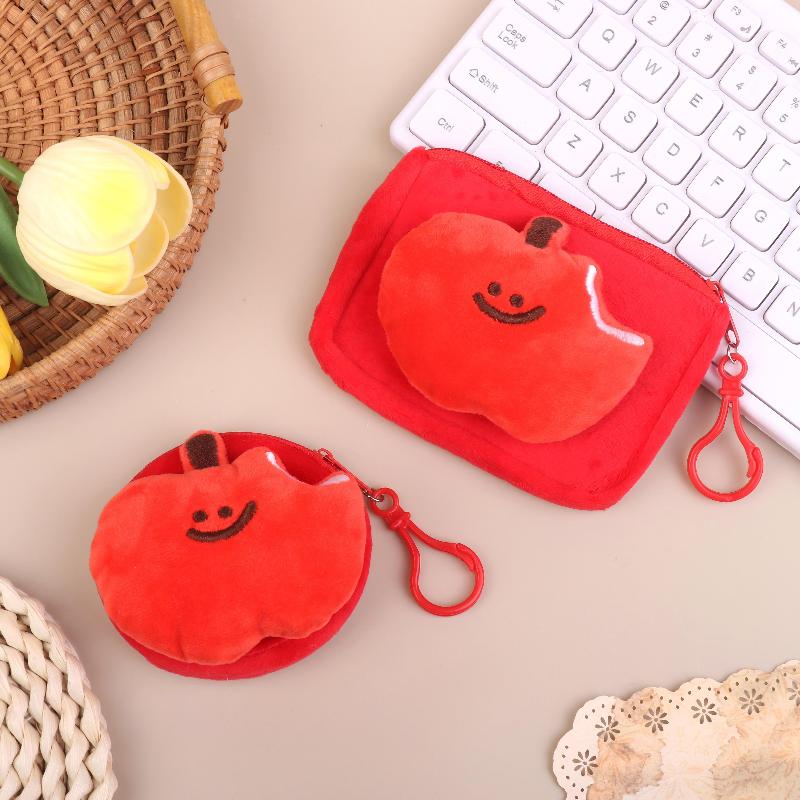 Cute Red Fruit Plush Coin Purse Mini Zipper Pouch With Keychain Cartoon Fruit Wallet For Earphones Coins Bag Charm Gift