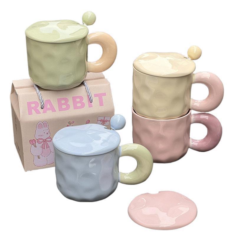 Fufu Contrasting Color Mug with Lid Spoon Birthday Gift for Girls Best Friend Practical Water Cup Ceramic Souvenir