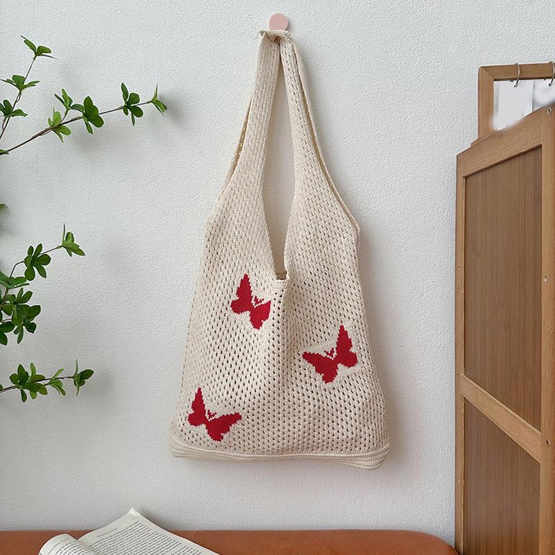 

Модная вязаная большая вместительная сумка через плечо женская повседневная ручная работа пляжная сетка полые бабочки тканая сумка-тоут женская клатч 36x33cm бежевый