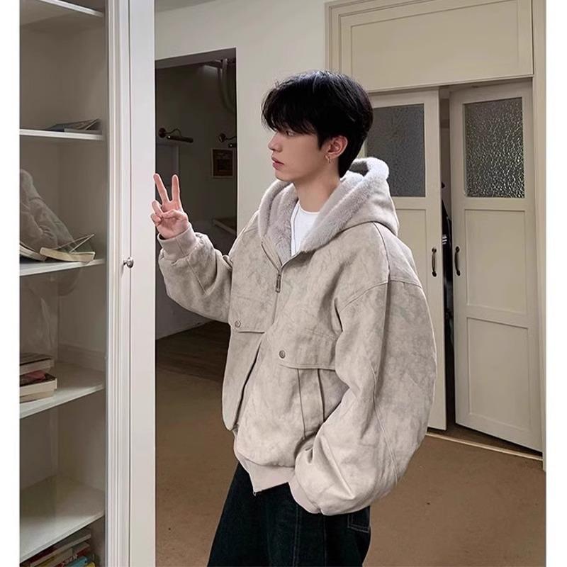 

Men s Autumn/Winter Thick Washed Canvas Hooded Jacket with Lambswool Lining and Mountain Eagle Design M хакі