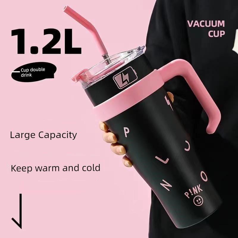 Large Capacity Thermos Cup for Women, Cute Car-Mounted Handle, Warm-Keeping Straw Cup, 304 Stainless Steel Couple's Water Cup with Lid