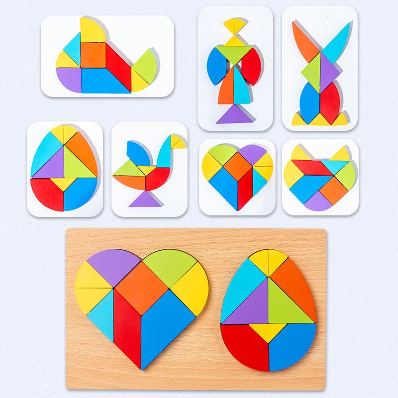 3D Wooden Puzzles Heart Egg Tangram Geometric Shape Kids Cognitive DIY Jigsaw Early Learning Educational Toys