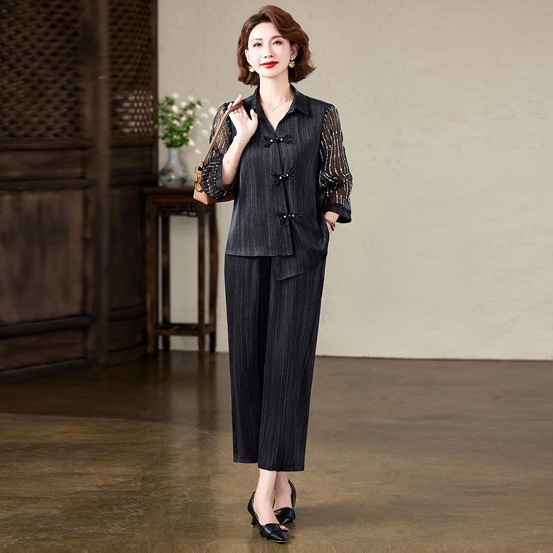 

Chiffon Summer Short-Sleeve T-Shirt Two-Piece Set for Middle-Aged and Elderly Women, 2026 Style XL (suggested 80-95 kg)
