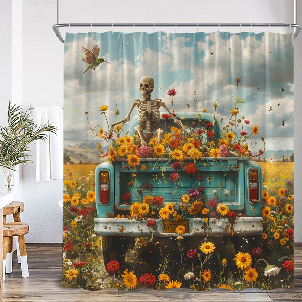 Flower Shop Spring Shower Curtain Red Truck Blue Pickup Vintage Floral Bathroom Home Decor Polyester Bathtub Curtain With Hook