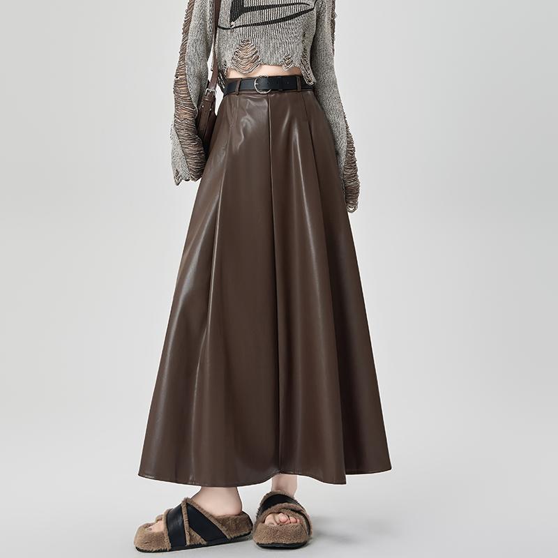 Winter Women PU Leather Skirt Long Pleated High Waist A Line Fashion Clothes