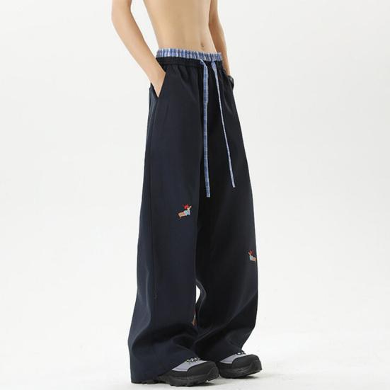 Men's Casual Baggy Pants Drawstring Waist Trousers with Cartoon Dachshund Embroidery Loose Fit Streetwear Pants for Vacation Travel School