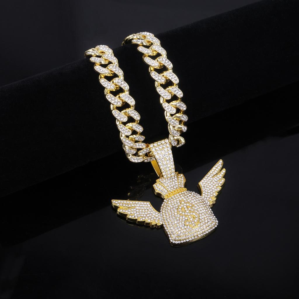 Alloy Necklace Men's Trend Cross-Border Flying Money Bag Wings US Dollar Pendant, Hip Hop Fashion Diamond Pendant
