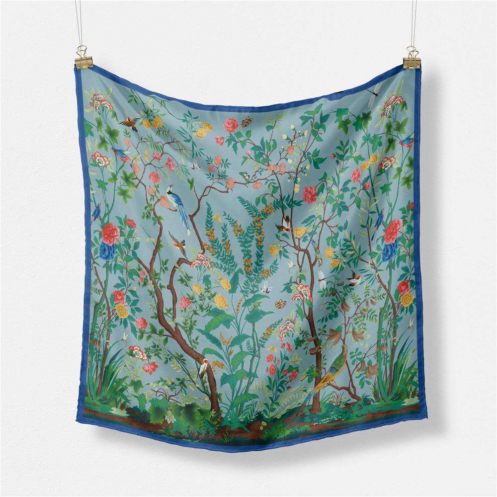 53cm Brand Square Scarf Woman 2024 Design Flowers Birds Silk Women Scarf Bandana Luxury Headband Hijab Neckerchief