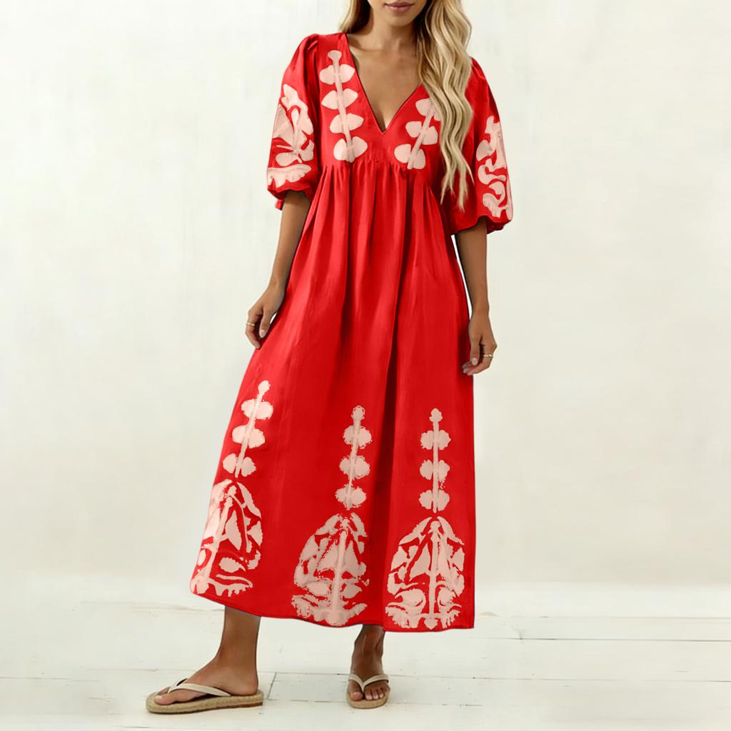 Abito Casual da Donna alla Moda con Scollo a V, Maniche a Bolla, Stampa Floreale, Vestibilità Larga, Schiena Svuotata, Manica a Tre Quarti