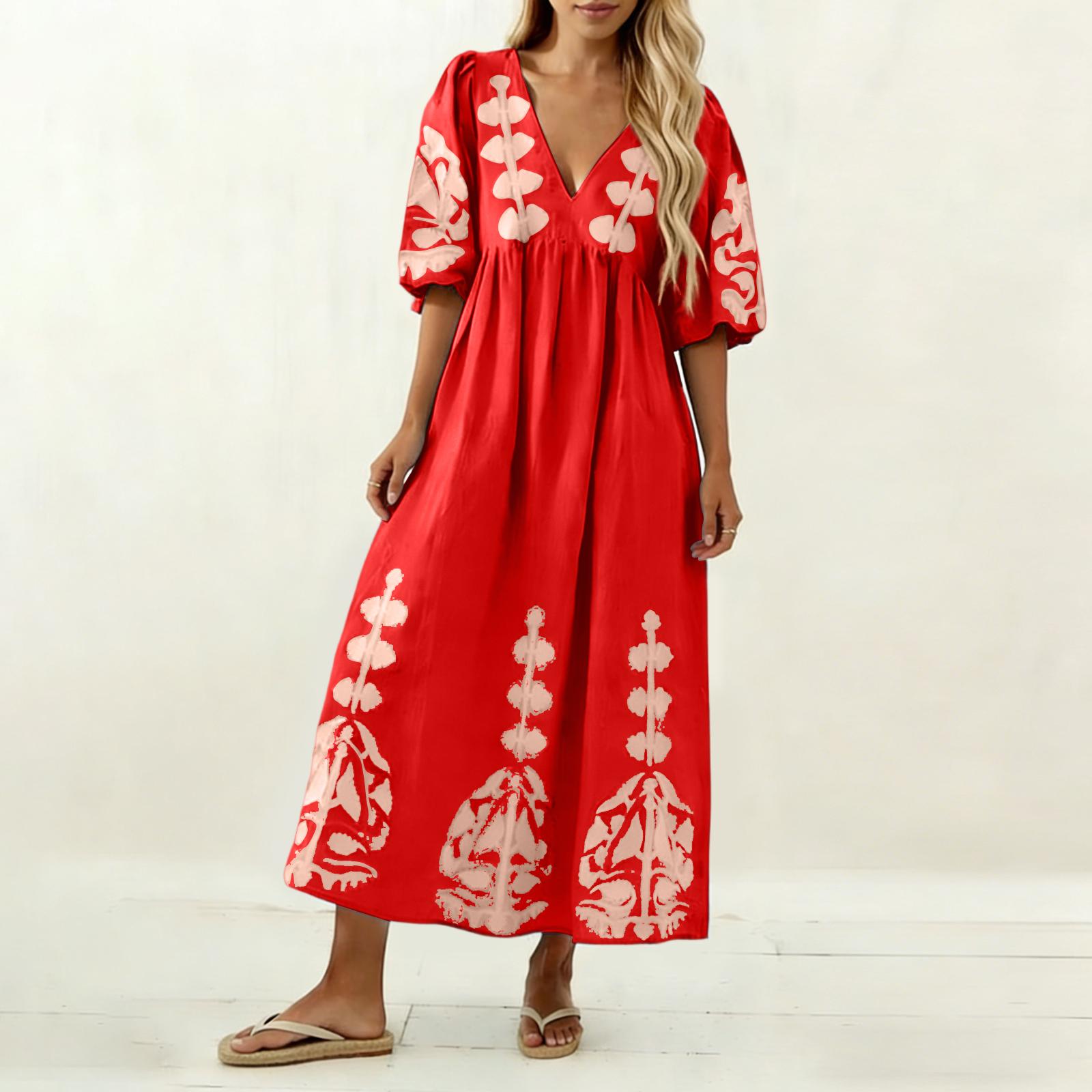 

Women’s V Neck Bohemian Embroidered Maxi Dress Loose Fit Three Quarter Sleeve Print Casual Long Dress S червоний
