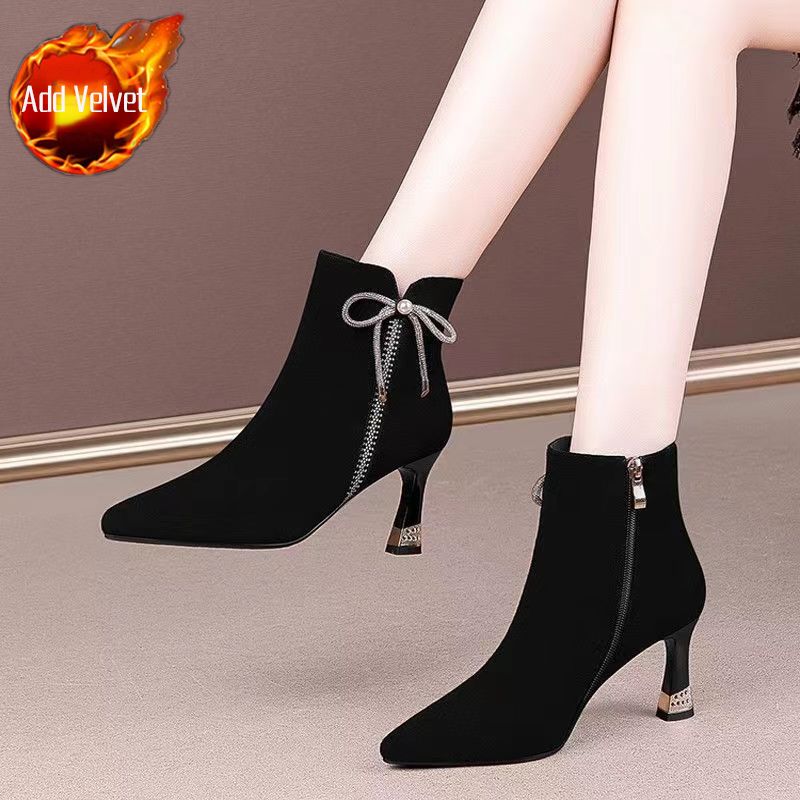 Fashion Black Elegant with Medium Heels Booties Autumn Winter Bow Ankle Boots for Women Pointed Toe Woman Short Shoes Chic Goth Footwear