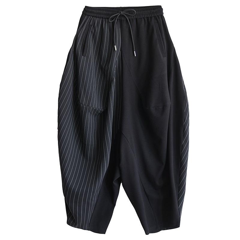 Plus Size Schwarze Vintage-Streifen-Patchwork-Hosen mit hoher Taille, lässig, locker, Frühling, Sommer, Haremshose, Damenhose