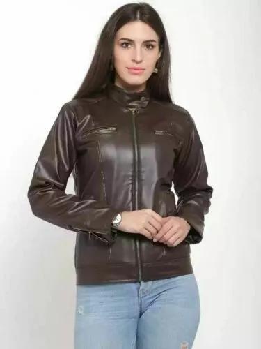 

Genuine Stylish Lambskin Leather Brown Zipper Women Jacket Designer Motorcycle XS коричневый