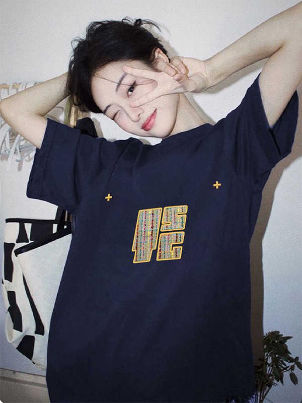 

Футболка большого размера из хлопка в стиле ретро с темно-синим принтом для женщин - летний модный топ с коротким рукавом XXL (130-145 Jin) темно-синий