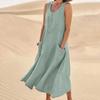 Women's Sleeveless Round Neck Linen Cotton Midi Dress Loose A Line Long Maxi Dress With Side Pockets Casual Beach Vacation Sundress