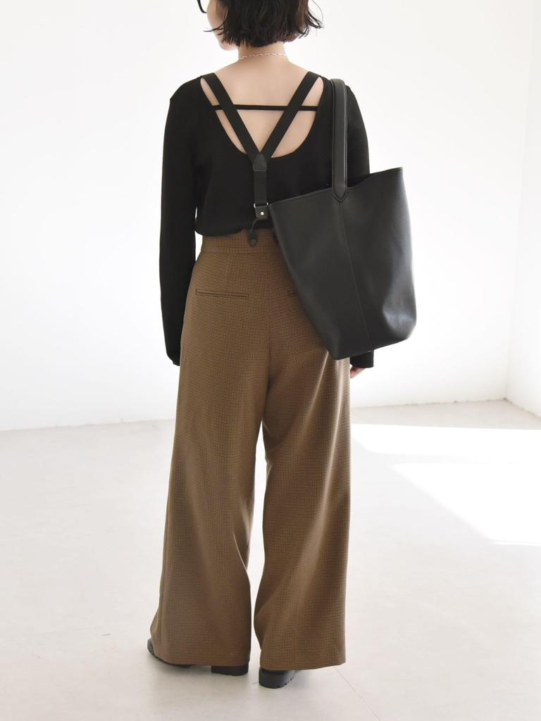 Caranciel Women's Wide-Leg Pants, Machine Washable, Check Pattern with Suspenders, Brown, Size 40 (Product Code: 613150011)