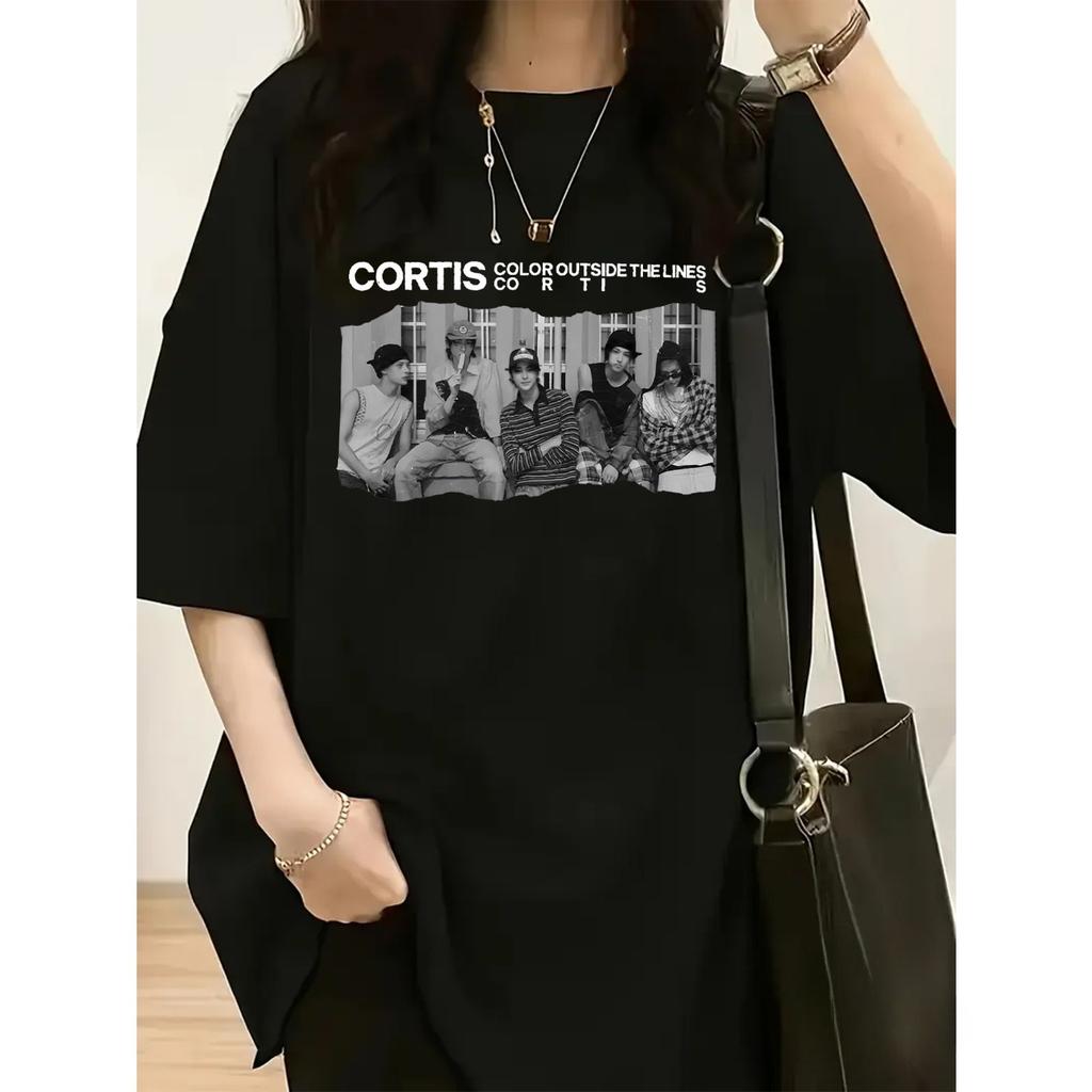 2026 T-shirt Featuring A Black and White Style Group Image of Five People, with White Text CORTIS THE LINES CORTIS Above Vintage Street-style