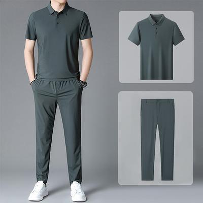 Takım Yaz Erkek Tişört Kısa Kollu Spor Günlük POLO Tişört Pantolon 2 Parça Takım
