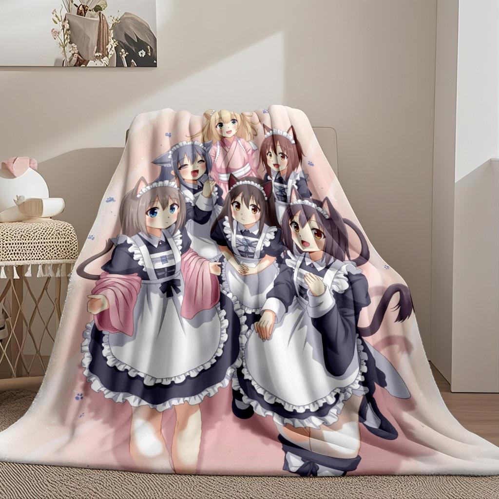Soft Flannel Throw Blanket With 2D HD Neko Maid Servant Anime Print, Lightweight Warm Decorative Blanket For Bedroom Sofa Travel