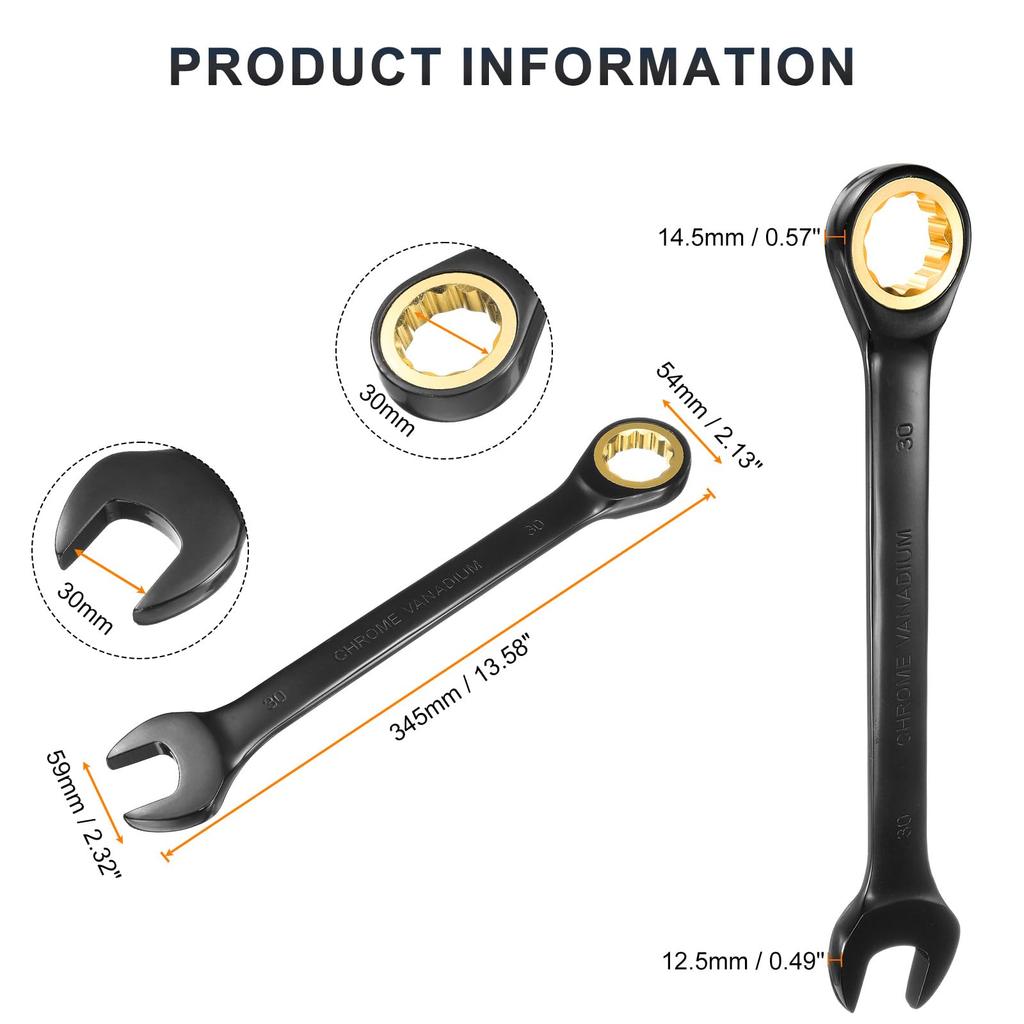 Uxcell 30mm Ratchet Wrench, Metric Open-End Wrench, 72 Teeth, CR-V Steel, 12-Point Nickel Plated, Combination Ratchet Wrench for Fasteners, Nuts, and