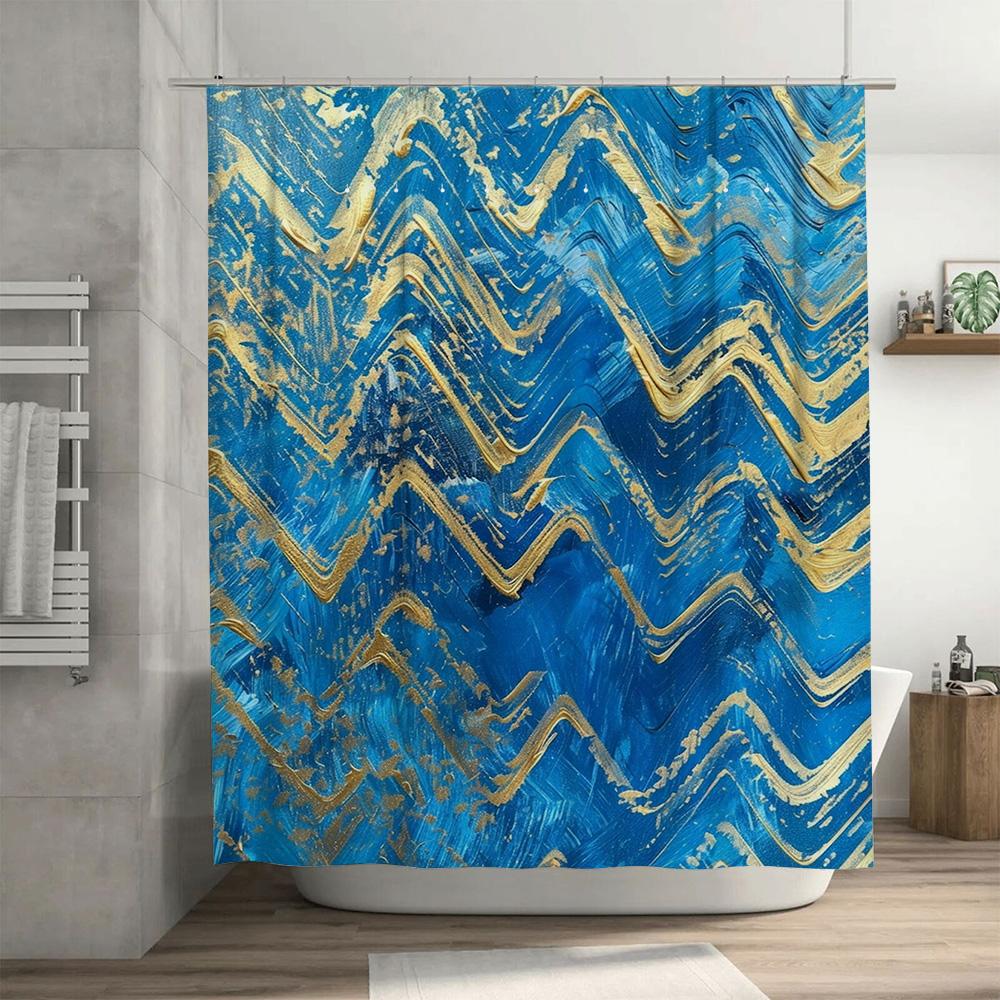 Blue Gold Wave Shower Curtain Waterproof Home Decor Bathroom Decoration DIY Art Painting Wall Hanging Shower Curtains for Kitche