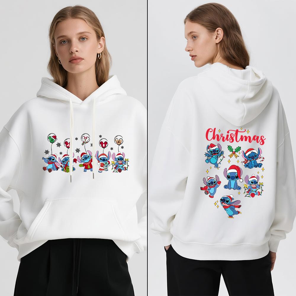 Disney Stitch Christmas Print Women Fleece Hoodie Winter Warm Pullover Casual Holiday Travel Party Outfit Soft Cozy Sweatshirt